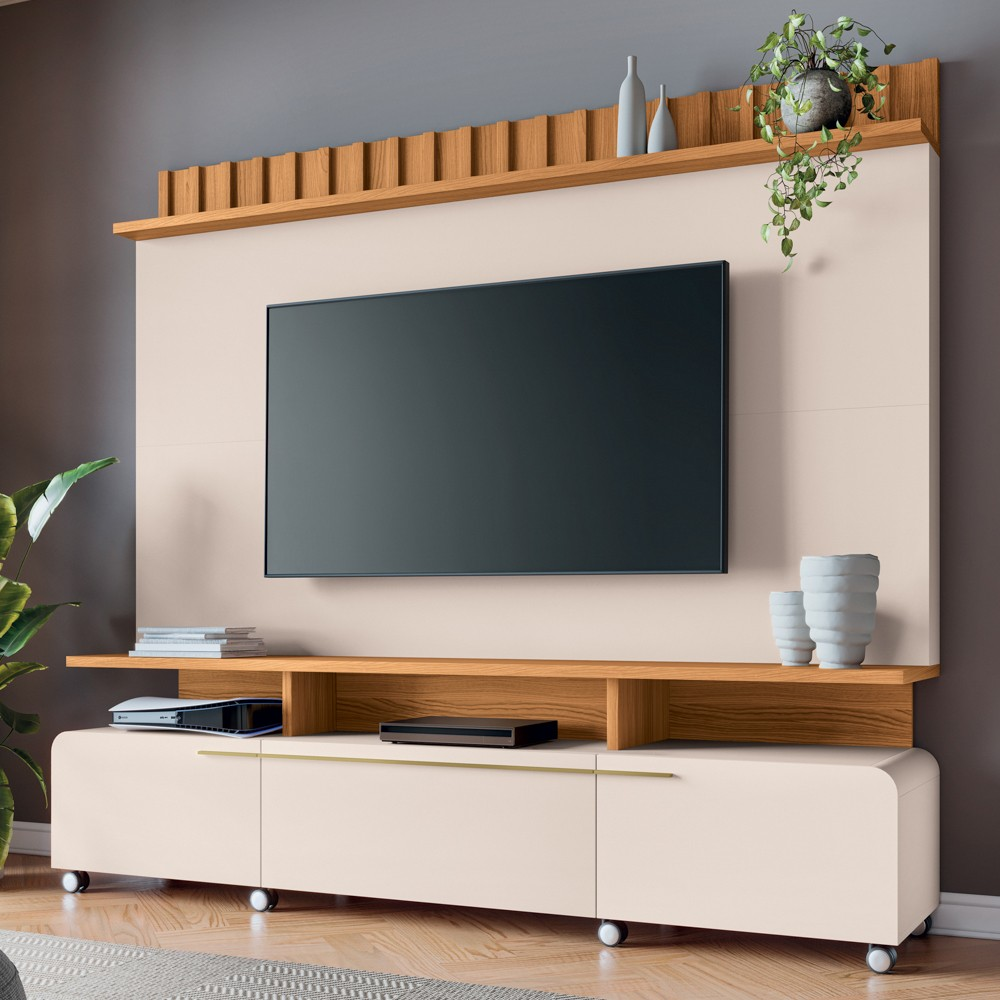Estante Painel de TV 70 Pol 200cm Ripado Artis Off/Cinamomo - HB Móveis Estante Painel de TV 70 Pol 200cm Ripado Artis Off/Cinamomo - HB Móveis