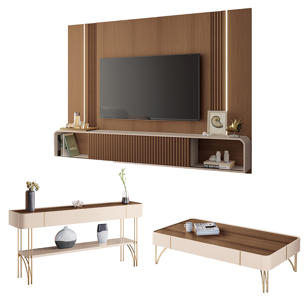 Conjunto Home c/LED Aparador e Mesa de Centro Empire/Vivant/Cadenza MDF/MDP Off White/Castanho G26 - HB Móveis Conjunto Home c/LED Aparador e Mesa de Centro Empire/Vivant/Cadenza MDF/MDP Off White/Castanho G26 - HB Móveis