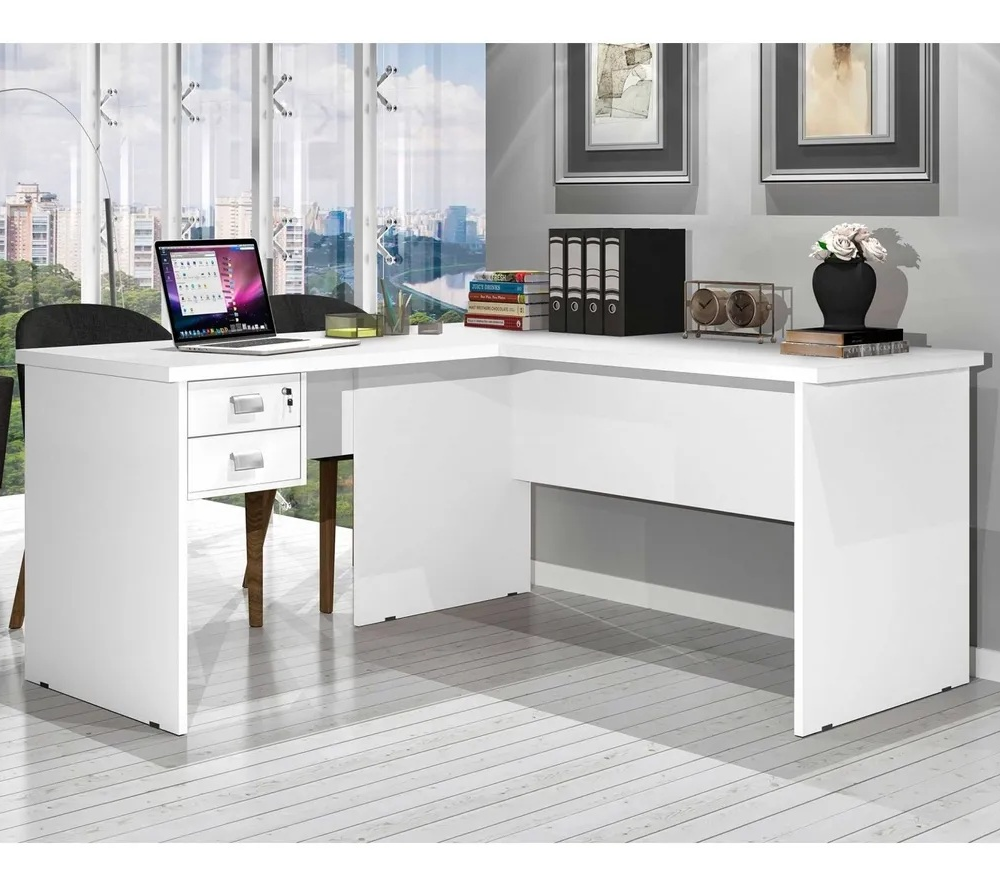 Mesa Para Escritório Trabalhar Em L Branca de Madeira Espaçosa Com 2 Gavetas e 1 Chave Tampo Reforçado Espaçosa Mesa Para Escritório Trabalhar Em L Branca de Madeira Espaçosa Com 2 Gavetas e 1 Chave Tampo Reforçado Espaçosa