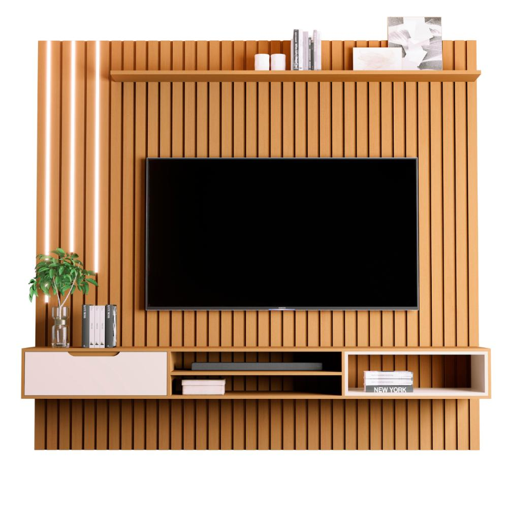 Home Ripado com 2 Prateleiras e Led Chiba Nature Pérola Home Ripado com 2 Prateleiras e Led Chiba Nature Pérola