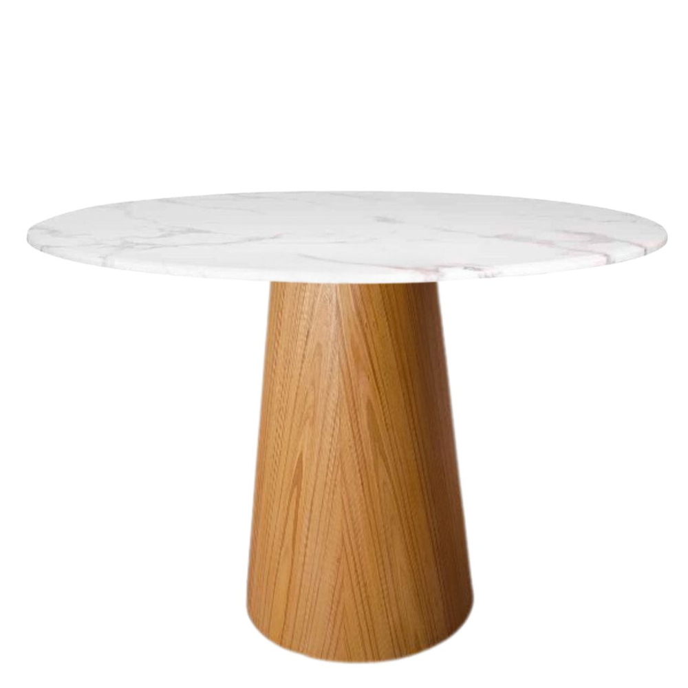 Mesa de Jantar Cone Redondo 150 cm Base Freijó Tampo Mármore Branco Extra