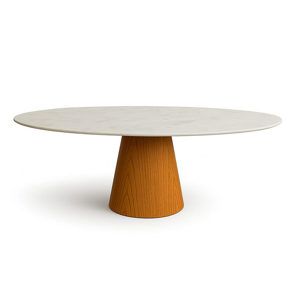 Mesa de Jantar Cone Oval 198x122 cm Mármore Branco Extra Base Freijó Mesa de Jantar Cone Oval 198x122 cm Mármore Branco Extra Base Freijó
