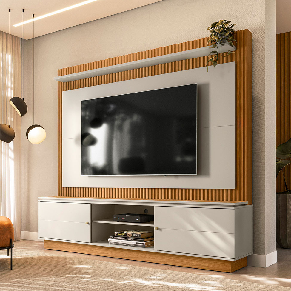 Estante para Home Theater e TV até 75 Polegadas Guararapes 2 PT Nature e Off White Estante para Home Theater e TV até 75 Polegadas Guararapes 2 PT Nature e Off White