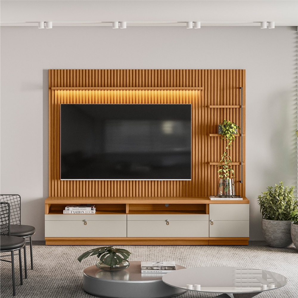 Rack e Painel para TV com Modulo Lateral Bond Nature Off-White Rack e Painel para TV com Modulo Lateral Bond Nature Off-White