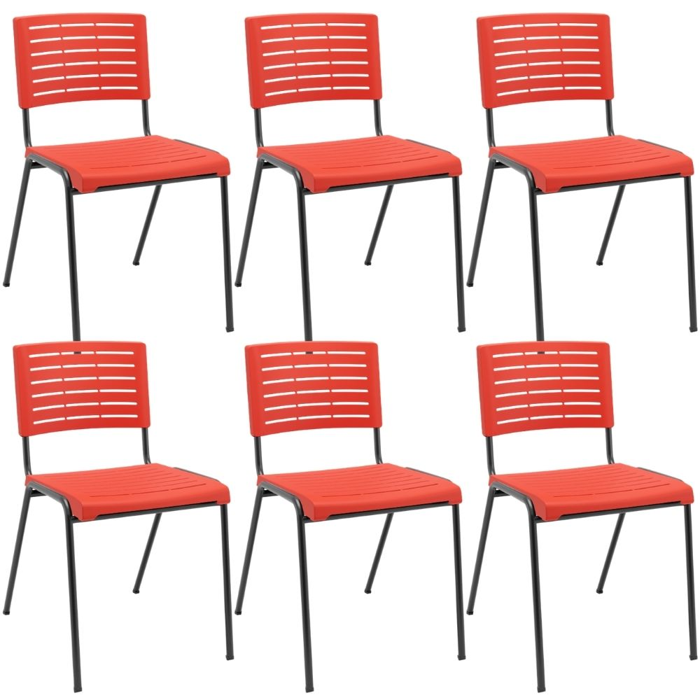 Kit 06 Cadeiras Empilhável Fixa Escritório Multiuso Base Preta Kimi P03 Vermelho - Lyam Decor Kit 06 Cadeiras Empilhável Fixa Escritório Multiuso Base Preta Kimi P03 Vermelho - Lyam Decor