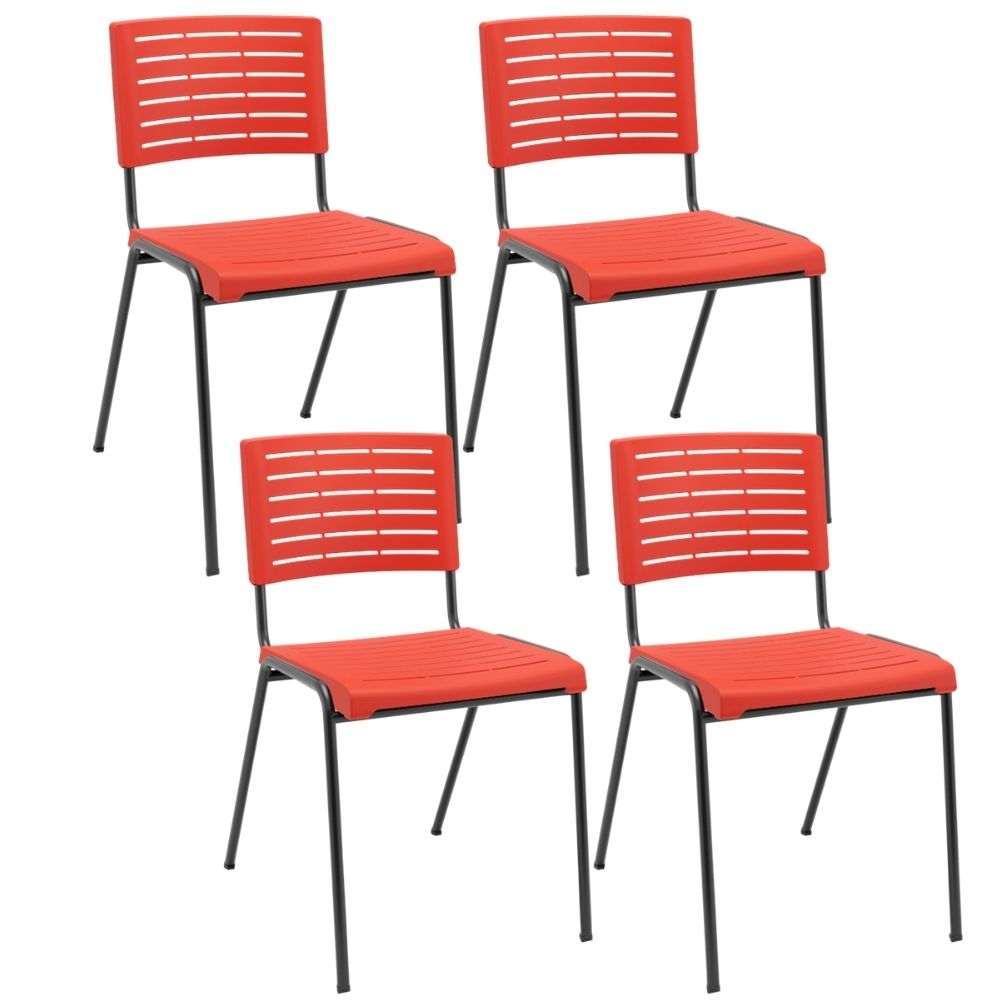 Kit 04 Cadeiras Empilhável Fixa Escritório Multiuso Base Preta Kimi P03 Vermelho - Lyam Decor Kit 04 Cadeiras Empilhável Fixa Escritório Multiuso Base Preta Kimi P03 Vermelho - Lyam Decor