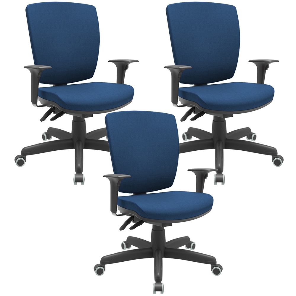 Kit 03 Cadeiras de Escritório Diretor Office Giratória Preto Alta Flexi P03 Poliéster Azul - Lyam Kit 03 Cadeiras de Escritório Diretor Office Giratória Preto Alta Flexi P03 Poliéster Azul - Lyam