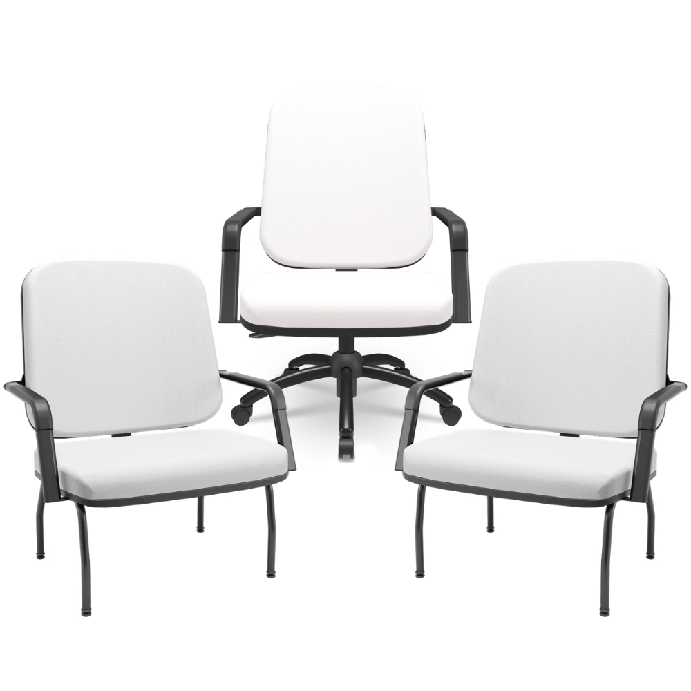 Kit Cadeira de Escritório Giratória e 2 Cadeiras Fixas Preta Magno P03 Vinil Branco - Lyam Decor Kit Cadeira de Escritório Giratória e 2 Cadeiras Fixas Preta Magno P03 Vinil Branco - Lyam Decor