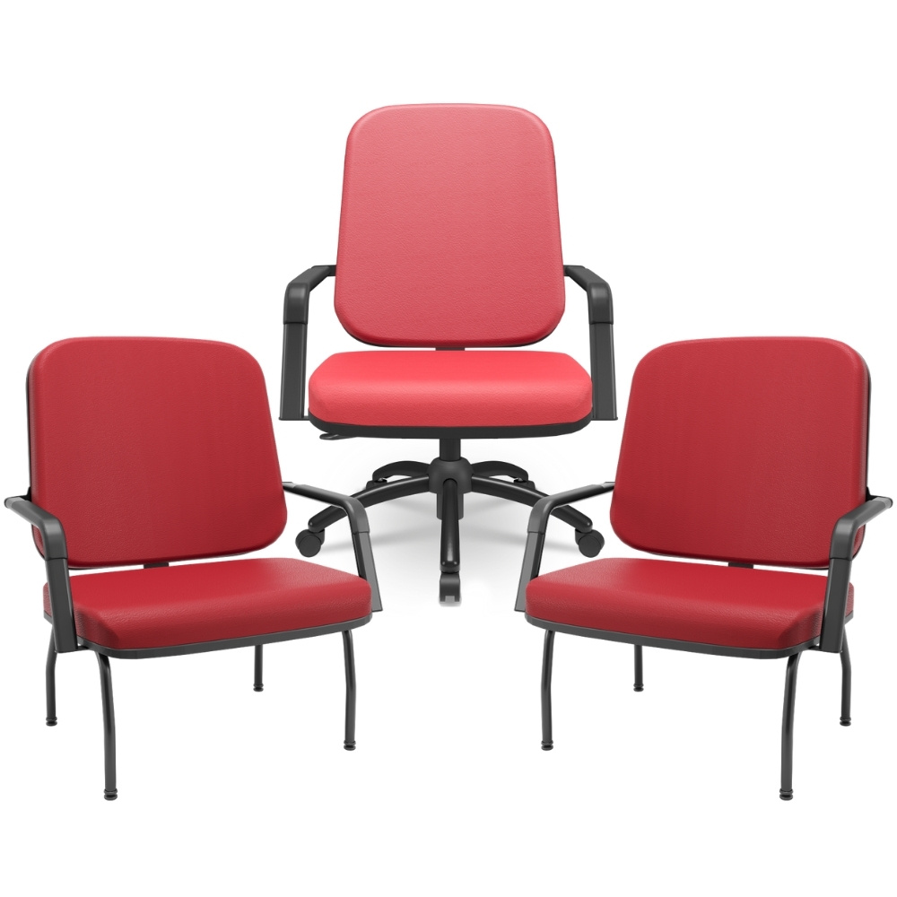 Kit Cadeira de Escritório Giratória e 2 Cadeiras Fixas Preta Magno P03 Vinil Vermelho - Lyam Decor Kit Cadeira de Escritório Giratória e 2 Cadeiras Fixas Preta Magno P03 Vinil Vermelho - Lyam Decor