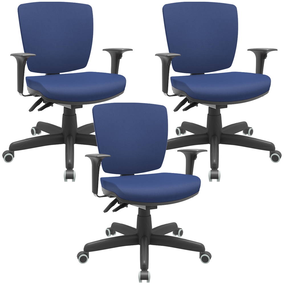 Kit 03 Cadeiras de Escritório Executiva Office Giratória Preto Baixa Flexi P03 Vinil Azul - Lyam Kit 03 Cadeiras de Escritório Executiva Office Giratória Preto Baixa Flexi P03 Vinil Azul - Lyam