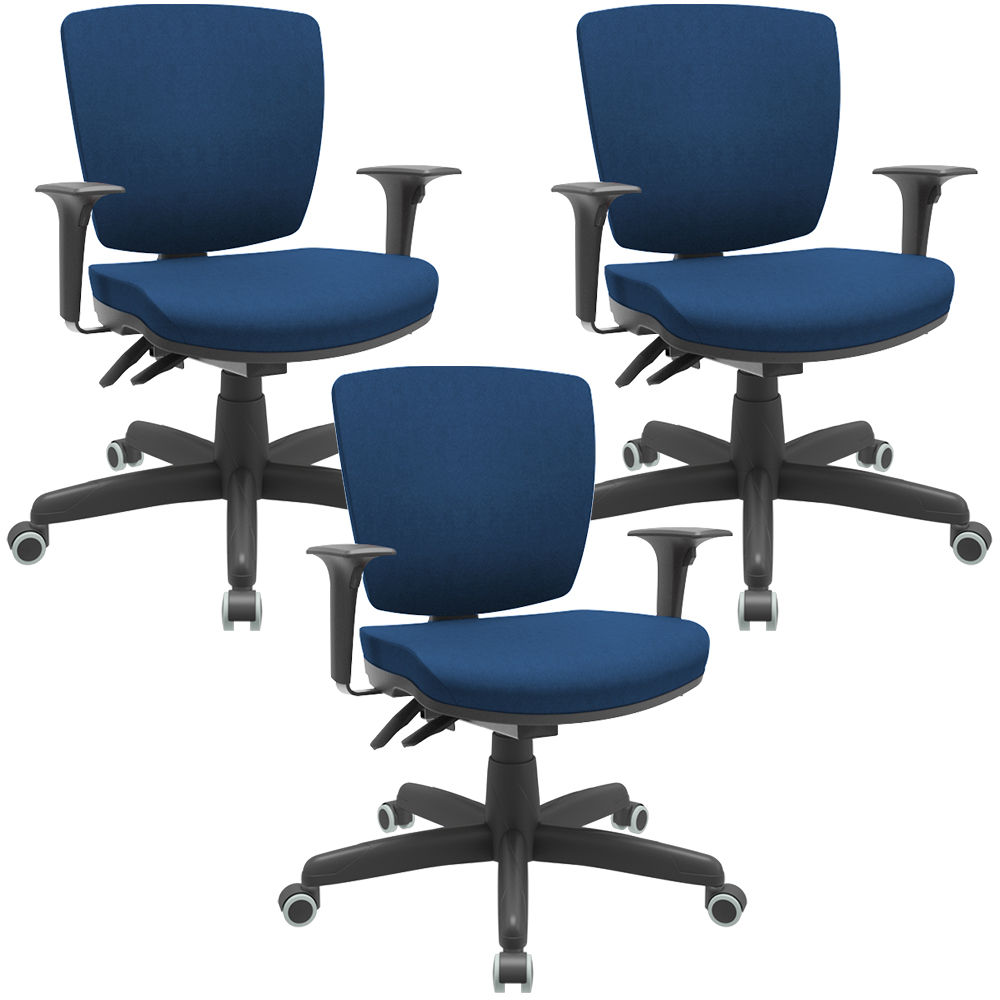Kit 3 Cadeiras de Escritório Executiva Office Giratória Preto Baixa Flexi P03 Poliéster Azul - Lyam Kit 3 Cadeiras de Escritório Executiva Office Giratória Preto Baixa Flexi P03 Poliéster Azul - Lyam