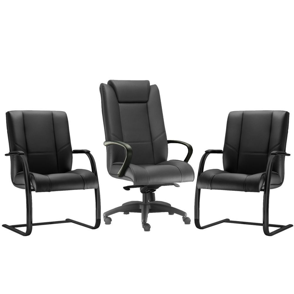 Kit Cadeira de Escritório Presidente com 02 Cadeiras Fixas New Onix F02 Couro Ecológico Preto - Lyam Decor Kit Cadeira de Escritório Presidente com 02 Cadeiras Fixas New Onix F02 Couro Ecológico Preto - Lyam Decor