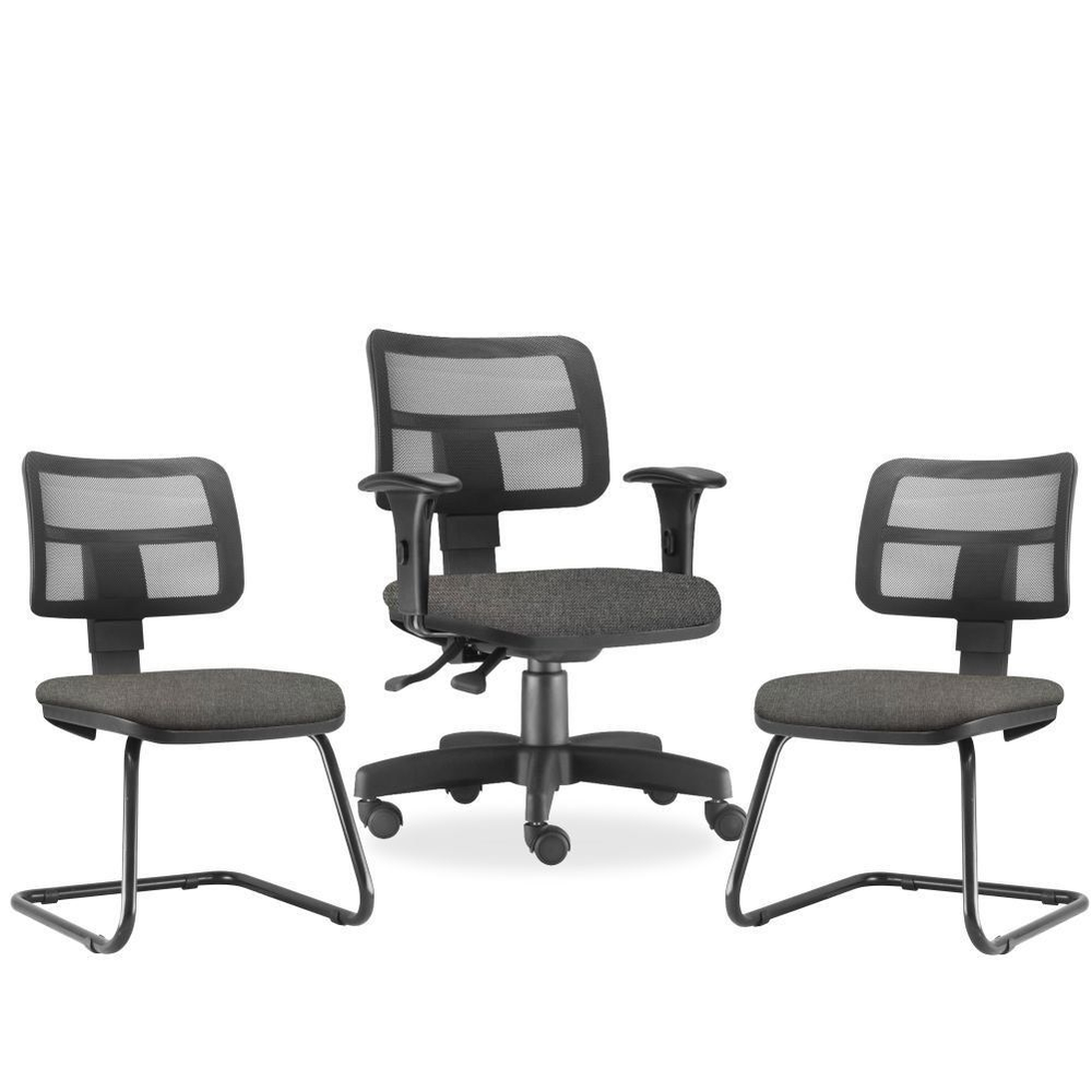 Kit Cadeira de Escritório Giratória e 02 Cadeiras Fixas Zip L02 Linho Cinza Escuro - Lyam Decor Kit Cadeira de Escritório Giratória e 02 Cadeiras Fixas Zip L02 Linho Cinza Escuro - Lyam Decor