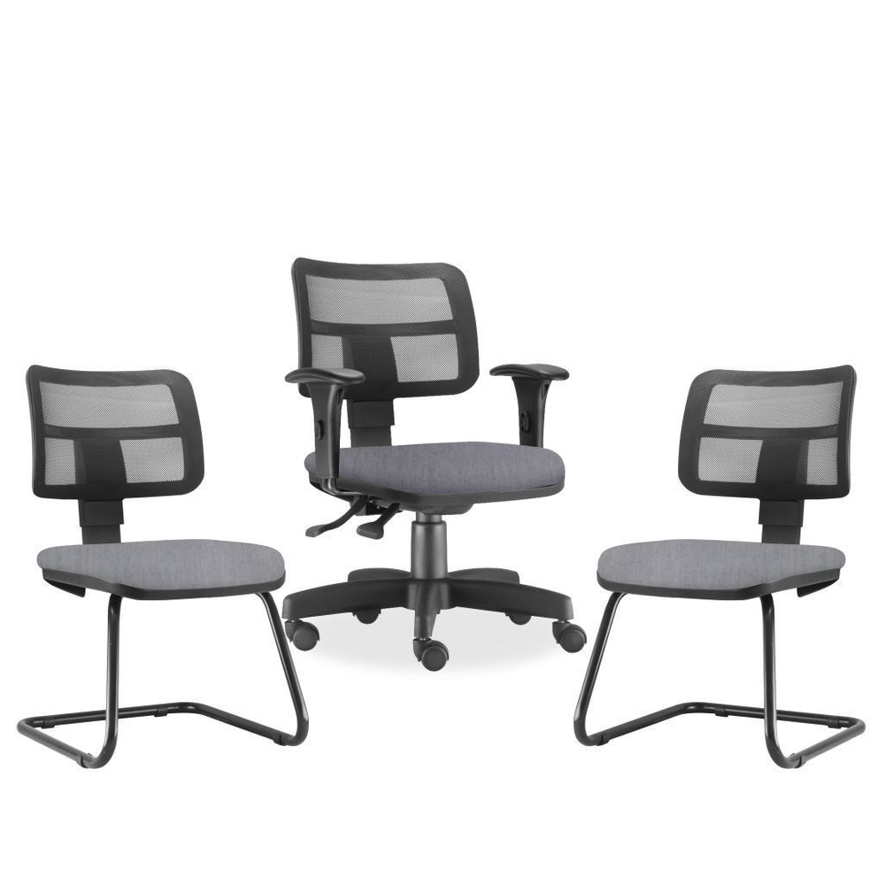 Kit Cadeira de Escritório Giratória e 02 Cadeiras Fixas Zip L02 Linho Cinza - Lyam Decor