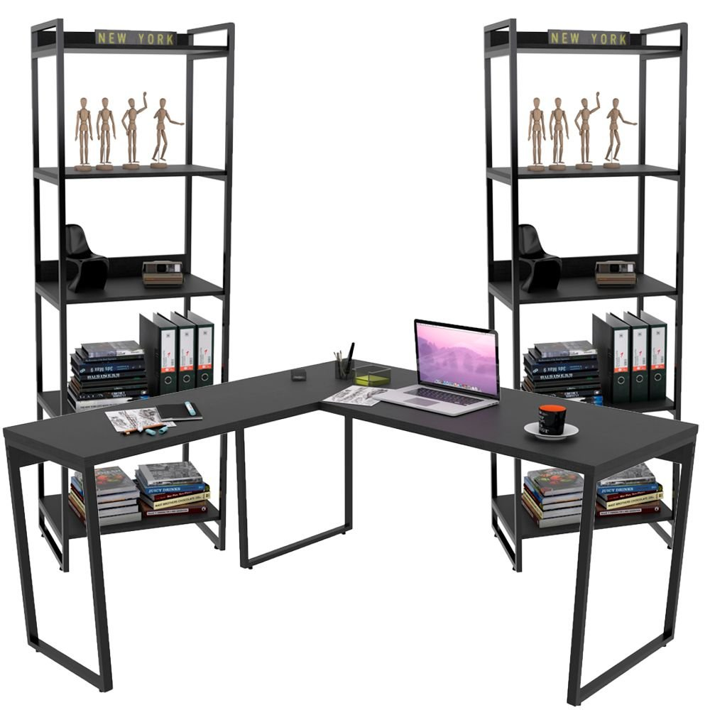 Kit Mesa Para Escritório Industrial em L com 2 Estantes com 5 Prateleiras Form C01 Preto - Lyam Decor Kit Mesa Para Escritório Industrial em L com 2 Estantes com 5 Prateleiras Form C01 Preto - Lyam Decor