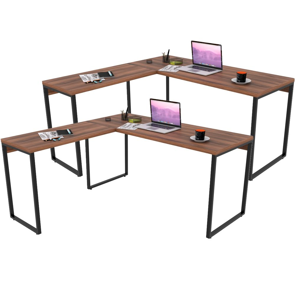 Kit 02 Mesas Para Escritório Home Office Estilo Industrial em L Form C01 150x150cm Nogal - Lyam Decor Kit 02 Mesas Para Escritório Home Office Estilo Industrial em L Form C01 150x150cm Nogal - Lyam Decor