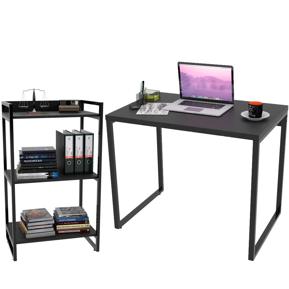 Kit Mesa Para Escritório com Estante Office Estilo Industrial Form C01 90 cm Preto Onix - Lyam Decor Kit Mesa Para Escritório com Estante Office Estilo Industrial Form C01 90 cm Preto Onix - Lyam Decor