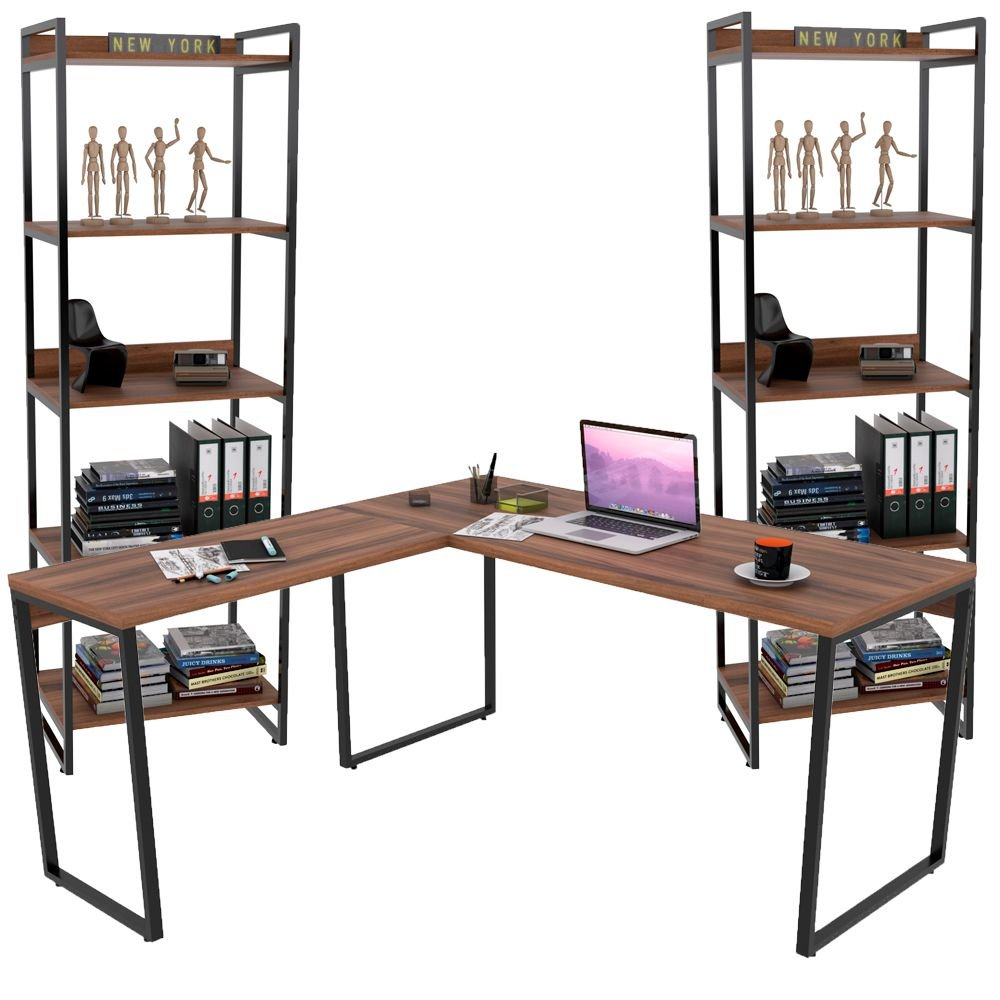 Kit Mesa Para Escritório Industrial em L com 2 Estantes com 5 Prateleiras Form C01 Nogal - Lyam Decor Kit Mesa Para Escritório Industrial em L com 2 Estantes com 5 Prateleiras Form C01 Nogal - Lyam Decor
