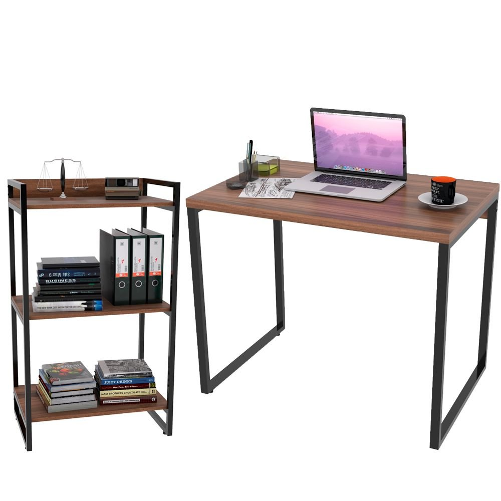Kit Mesa Para Escritório com Estante Office Estilo Industrial Form C01 90 cm Nogal - Lyam Decor Kit Mesa Para Escritório com Estante Office Estilo Industrial Form C01 90 cm Nogal - Lyam Decor