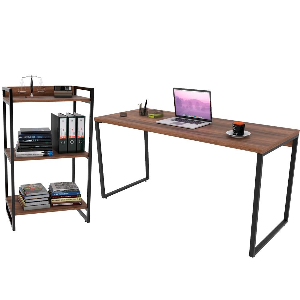 Kit Mesa Para Escritório com Estante Office Estilo Industrial Form C01 150 cm Nogal - Lyam Decor Kit Mesa Para Escritório com Estante Office Estilo Industrial Form C01 150 cm Nogal - Lyam Decor