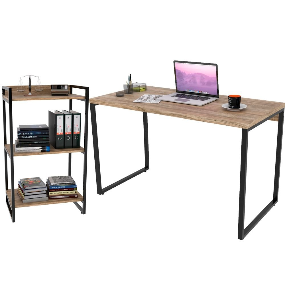 Kit Mesa Para Escritório com Estante Office Estilo Industrial Form C01 120 cm Carvalho - Lyam Decor Kit Mesa Para Escritório com Estante Office Estilo Industrial Form C01 120 cm Carvalho - Lyam Decor