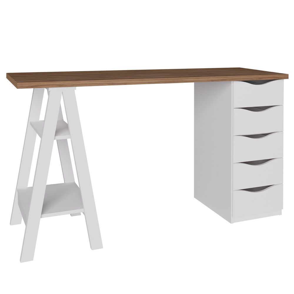 Mesa Para Escritório Escrivaninha Home Office 05 Gavetas Spirit Nogal A02 Branco - Lyam Decor Mesa Para Escritório Escrivaninha Home Office 05 Gavetas Spirit Nogal A02 Branco - Lyam Decor