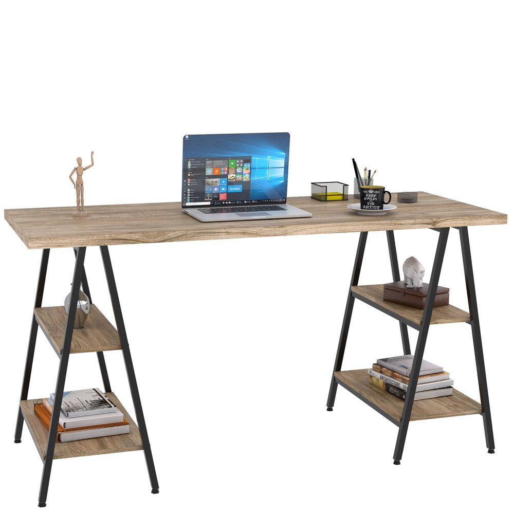 Mesa Para Escritório Estilo Industrial Cavalete Form C01 150cm Carvalho - Lyam Decor Mesa Para Escritório Estilo Industrial Cavalete Form C01 150cm Carvalho - Lyam Decor
