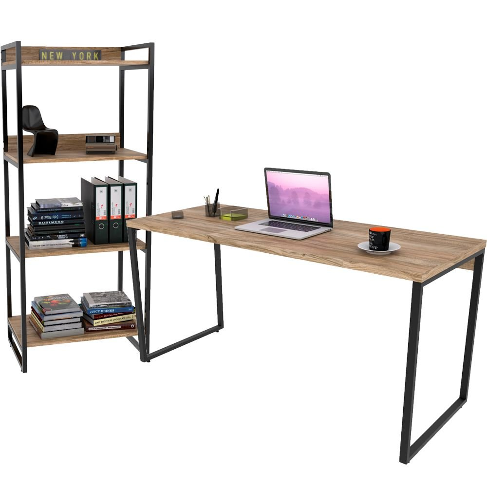Kit Mesa Para Escritório com Estante 4 Prateleiras Industrial Form C01 150 cm Carvalho - Lyam Decor Kit Mesa Para Escritório com Estante 4 Prateleiras Industrial Form C01 150 cm Carvalho - Lyam Decor
