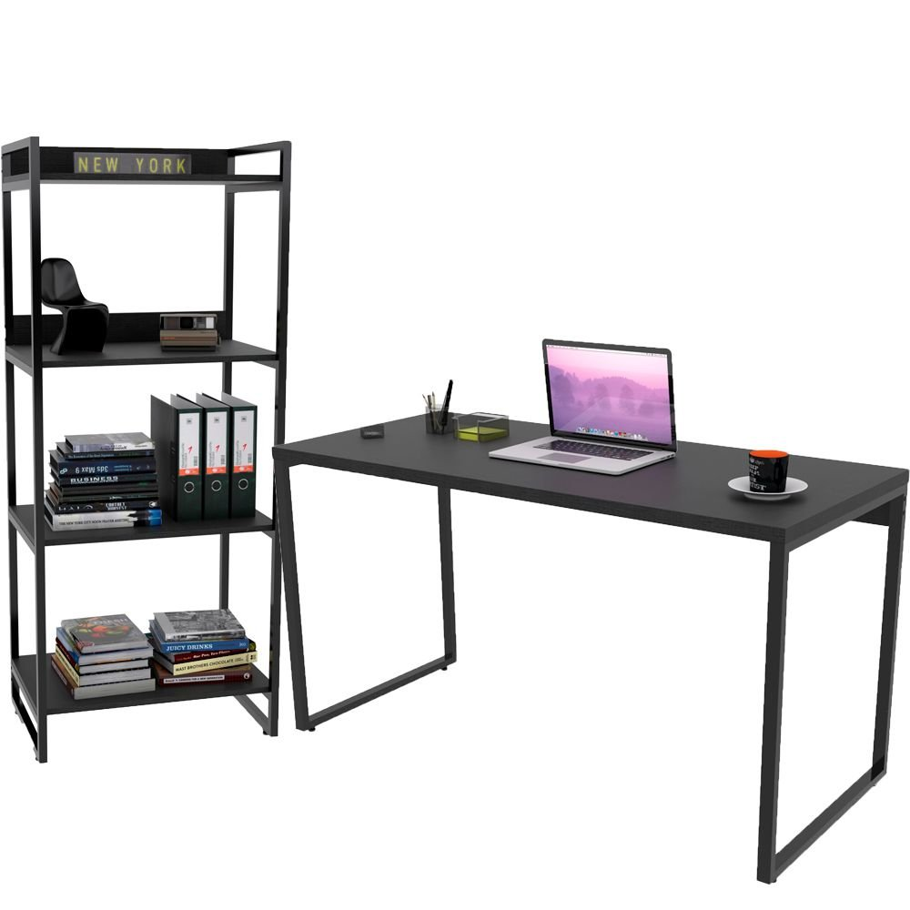 Kit Mesa Para Escritório com Estante 4 Prateleiras Industrial Form C01 135 cm Preto Onix - Lyam Decor Kit Mesa Para Escritório com Estante 4 Prateleiras Industrial Form C01 135 cm Preto Onix - Lyam Decor