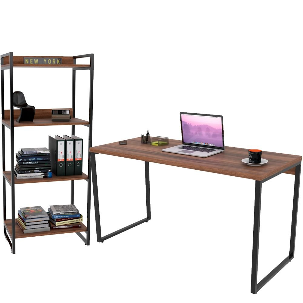 Kit Mesa Para Escritório com Estante 4 Prateleiras Industrial Form C01 135 cm Nogal - Lyam Decor Kit Mesa Para Escritório com Estante 4 Prateleiras Industrial Form C01 135 cm Nogal - Lyam Decor