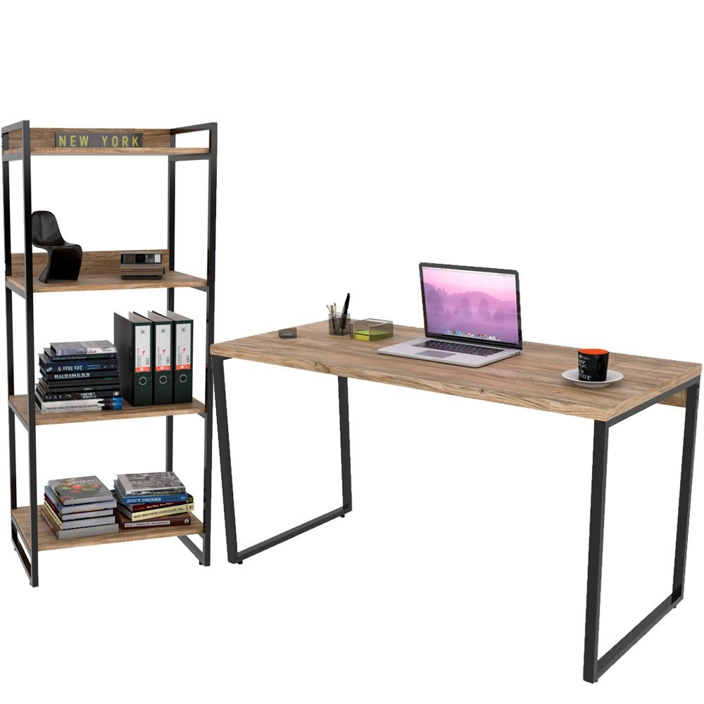 Kit Mesa Para Escritório com Estante 4 Prateleiras Industrial Form C01 135 cm Carvalho - Lyam Decor Kit Mesa Para Escritório com Estante 4 Prateleiras Industrial Form C01 135 cm Carvalho - Lyam Decor