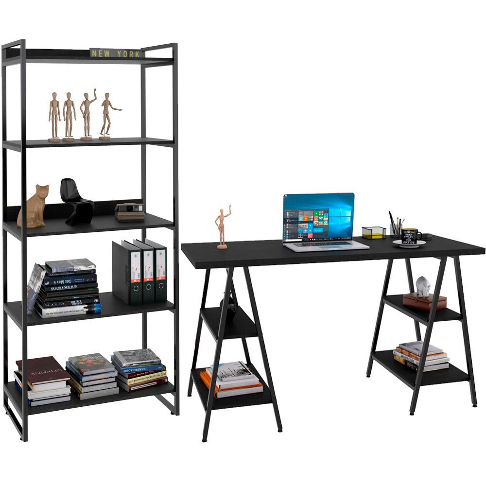 Kit Mesa Cavalete 150 cm com Estante 5 Prateleiras Estilo Industrial Form C01 Preto Onix - Lyam Decor Kit Mesa Cavalete 150 cm com Estante 5 Prateleiras Estilo Industrial Form C01 Preto Onix - Lyam Decor