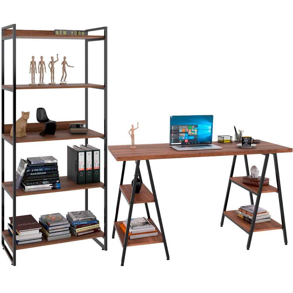 Kit Mesa Cavalete 150 cm com Estante 5 Prateleiras Estilo Industrial Form C01 Nogal - Lyam Decor Kit Mesa Cavalete 150 cm com Estante 5 Prateleiras Estilo Industrial Form C01 Nogal - Lyam Decor