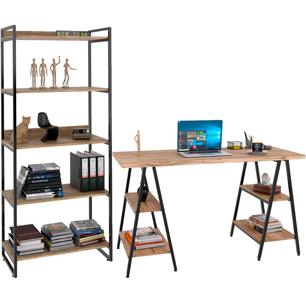 Kit Mesa Cavalete 150 cm com Estante 5 Prateleiras Estilo Industrial Form C01 Carvalho - Lyam Decor Kit Mesa Cavalete 150 cm com Estante 5 Prateleiras Estilo Industrial Form C01 Carvalho - Lyam Decor