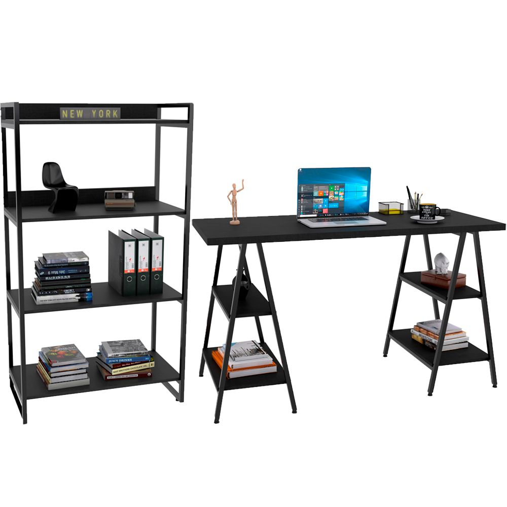 Kit Mesa Cavalete 150 cm com Estante 4 Prateleiras Estilo Industrial Form C01 Preto Onix - Lyam Decor Kit Mesa Cavalete 150 cm com Estante 4 Prateleiras Estilo Industrial Form C01 Preto Onix - Lyam Decor