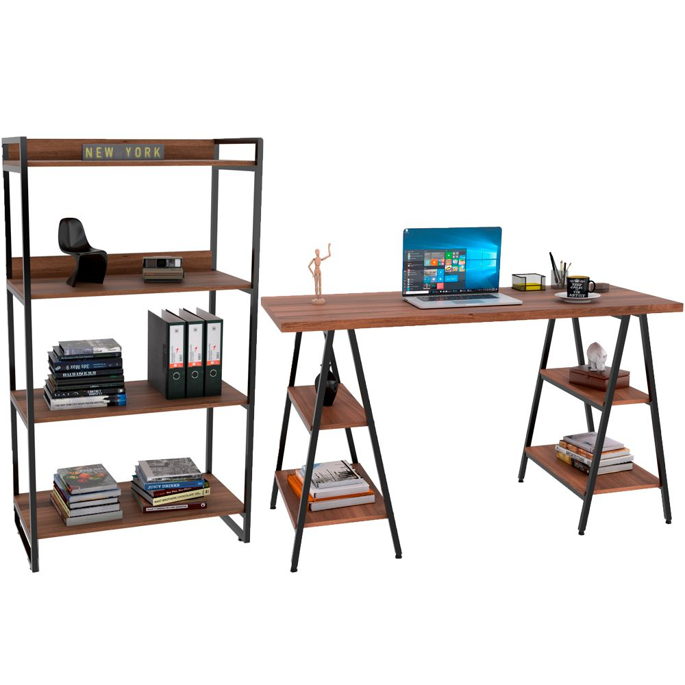Kit Mesa Cavalete 150 cm com Estante 4 Prateleiras Estilo Industrial Form C01 Nogal - Lyam Decor Kit Mesa Cavalete 150 cm com Estante 4 Prateleiras Estilo Industrial Form C01 Nogal - Lyam Decor