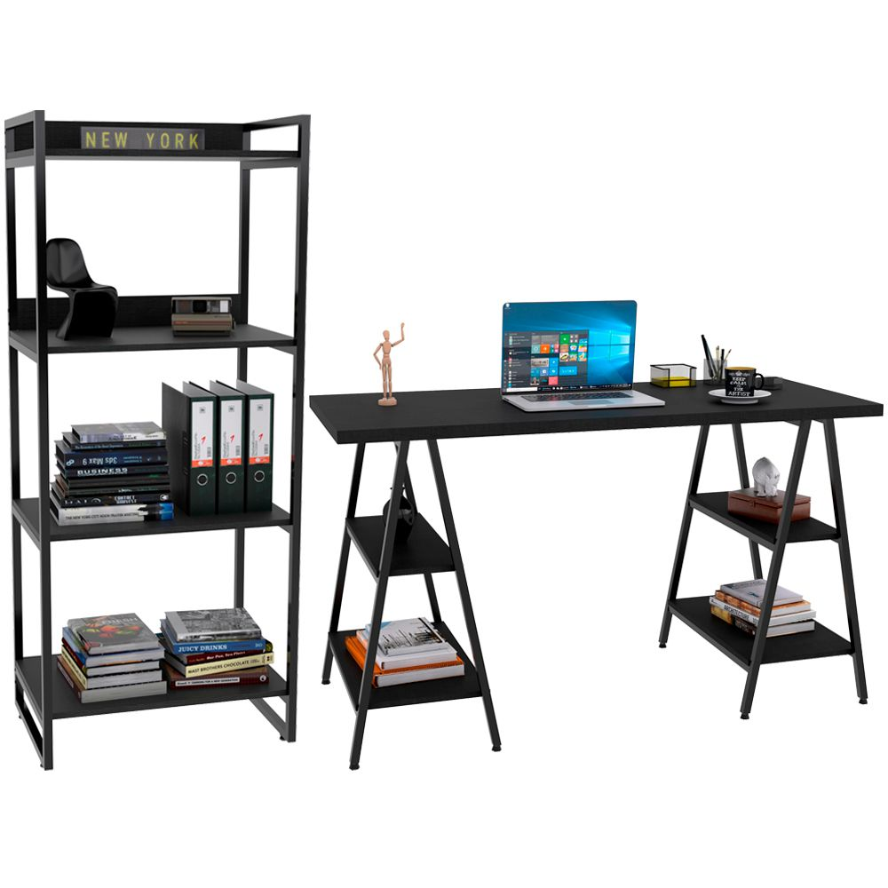Kit Mesa Cavalete 135 cm com Estante 4 Prateleiras Estilo Industrial Form C01 Preto Onix - Lyam Decor Kit Mesa Cavalete 135 cm com Estante 4 Prateleiras Estilo Industrial Form C01 Preto Onix - Lyam Decor
