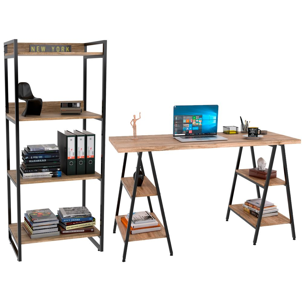 Kit Mesa Cavalete 135 cm com Estante 4 Prateleiras Estilo Industrial Form C01 Carvalho - Lyam Decor Kit Mesa Cavalete 135 cm com Estante 4 Prateleiras Estilo Industrial Form C01 Carvalho - Lyam Decor