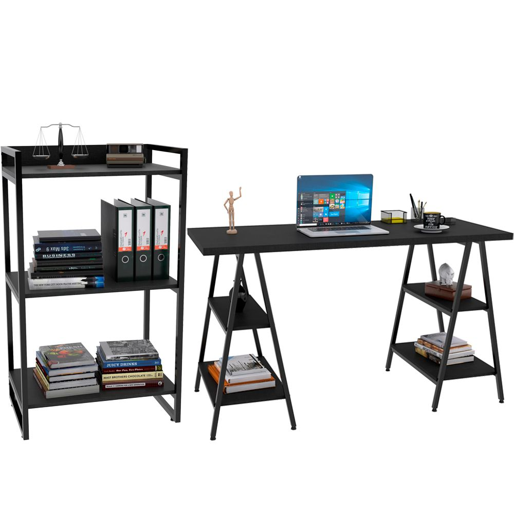 Kit Mesa Cavalete 135 cm com Estante 3 Prateleiras Estilo Industrial Form C01 Preto Onix - Lyam Decor Kit Mesa Cavalete 135 cm com Estante 3 Prateleiras Estilo Industrial Form C01 Preto Onix - Lyam Decor