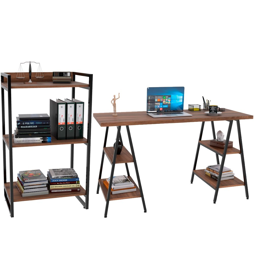 Kit Mesa Cavalete 135 cm com Estante 3 Prateleiras Estilo Industrial Form C01 Nogal - Lyam Decor Kit Mesa Cavalete 135 cm com Estante 3 Prateleiras Estilo Industrial Form C01 Nogal - Lyam Decor