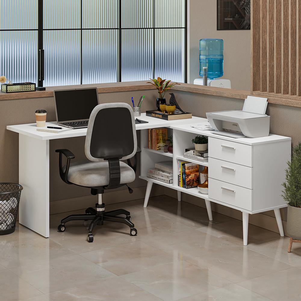 Mesa de Escritório em L 3 Gavetas Branco Lisboa Madesa Mesa de Escritório em L 3 Gavetas Branco Lisboa Madesa