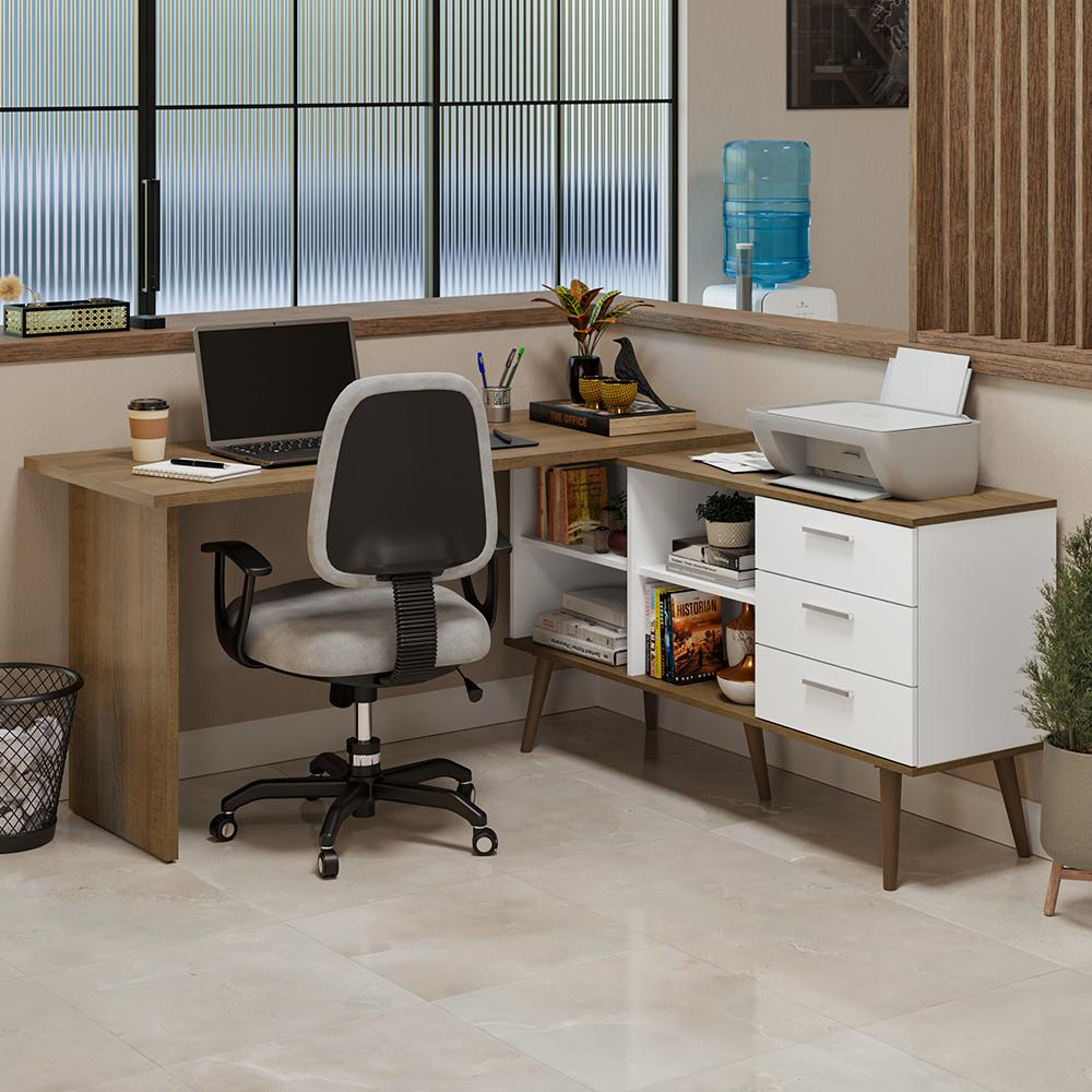 Mesa de Escritório em L 3 Gavetas Branco/Rustic Lisboa Madesa Mesa de Escritório em L 3 Gavetas Branco/Rustic Lisboa Madesa