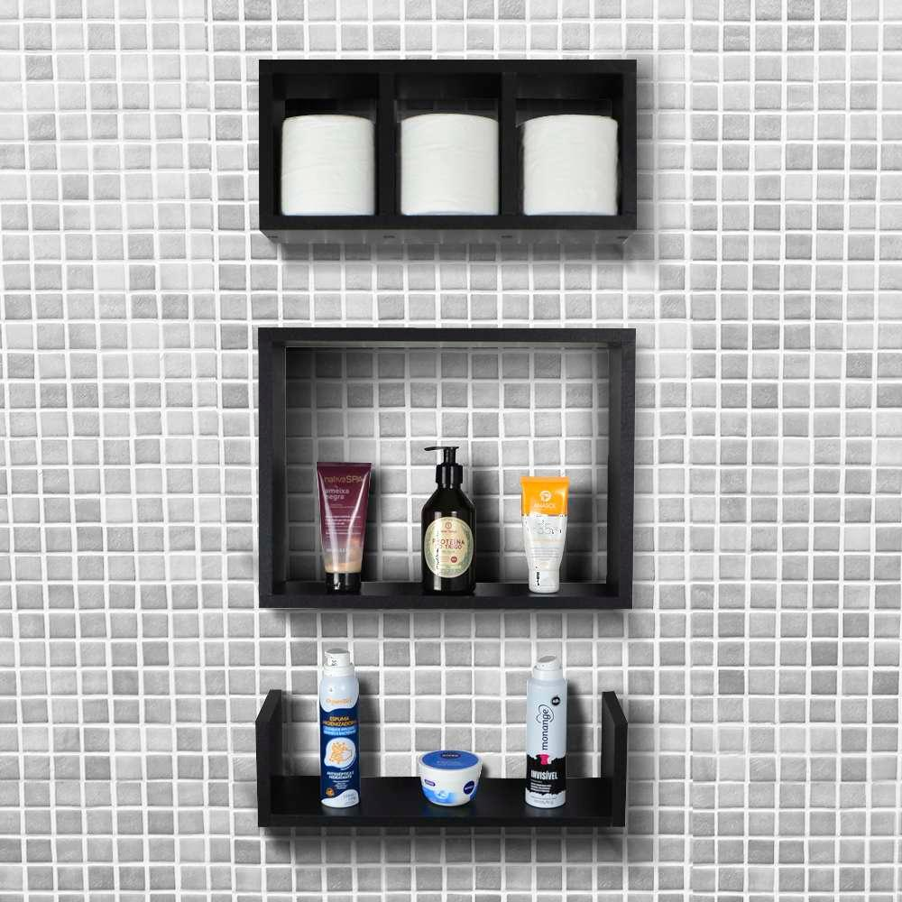 Kit 3 Peças Nicho Prateleira para Banheiro 40 x 12cm Preto Kit 3 Peças Nicho Prateleira para Banheiro 40 x 12cm Preto