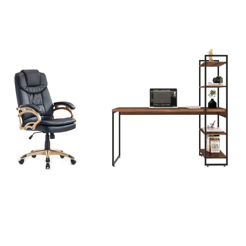 Conjunto de Mesa Studio com Estante Nogal 146 cm com Cadeira de Escritório Presidente Giratória com Relax Clark Preta e Dourada Conjunto de Mesa Studio com Estante Nogal 146 cm com Cadeira de Escritório Presidente Giratória com Relax Clark Preta e Dourada