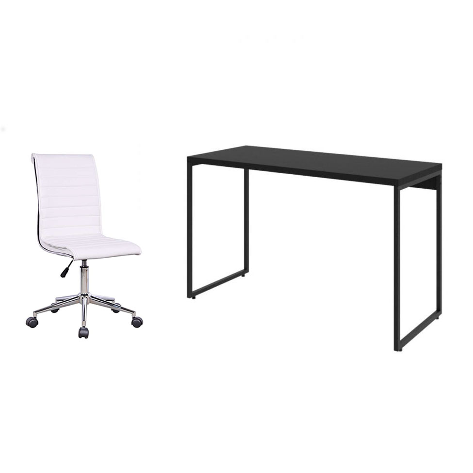 Conjunto de Mesa Studio Preta 120 cm com Cadeira de Escritório Secretária Giratória Marilyn Branca Conjunto de Mesa Studio Preta 120 cm com Cadeira de Escritório Secretária Giratória Marilyn Branca