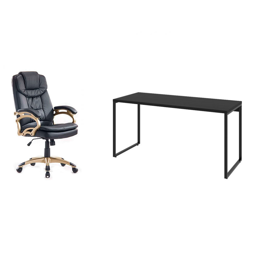 Conjunto de Mesa Kuadra I 150 cm com Cadeira de Escritório Presidente Giratória com Relax Clark Preta e Dourada Conjunto de Mesa Kuadra I 150 cm com Cadeira de Escritório Presidente Giratória com Relax Clark Preta e Dourada
