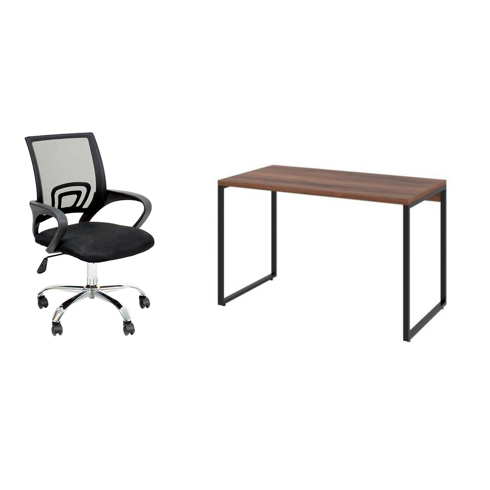 Conjunto de Mesa Kuadra Nogal 120 cm com Cadeira de Escritório Secretária Giratória Javix Preta Conjunto de Mesa Kuadra Nogal 120 cm com Cadeira de Escritório Secretária Giratória Javix Preta
