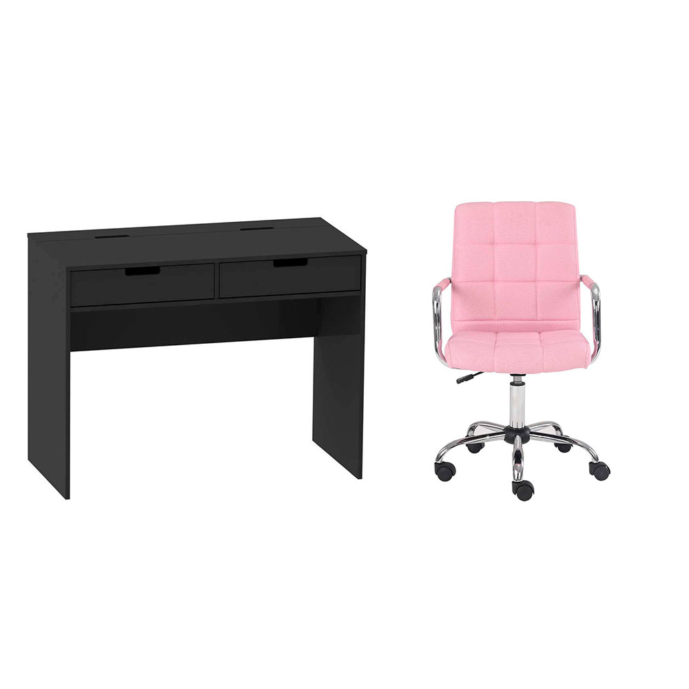 Conjunto de Mesa New Preta com Cadeira de Escritório Secretária Giratória Fitz Rosa Conjunto de Mesa New Preta com Cadeira de Escritório Secretária Giratória Fitz Rosa