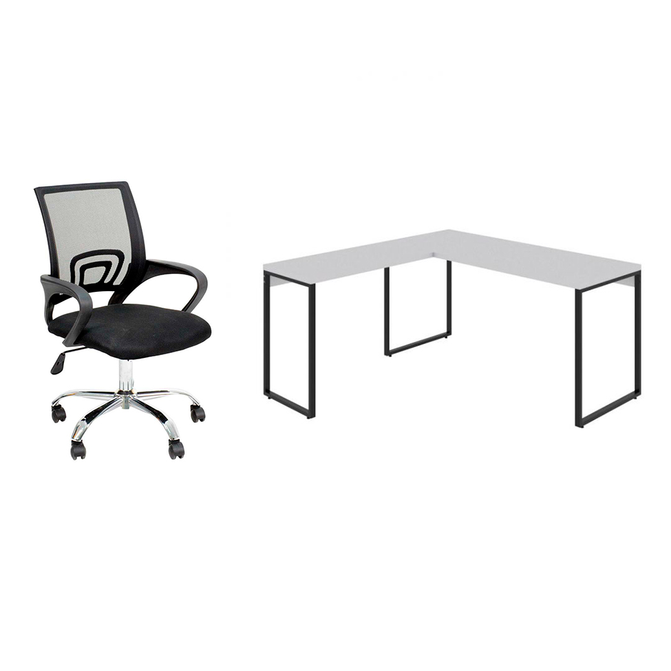 Conjunto de Mesa Kuadra Branca II 150 cm com Cadeira de Escritório Secretária Giratória Javix Preta Conjunto de Mesa Kuadra Branca II 150 cm com Cadeira de Escritório Secretária Giratória Javix Preta