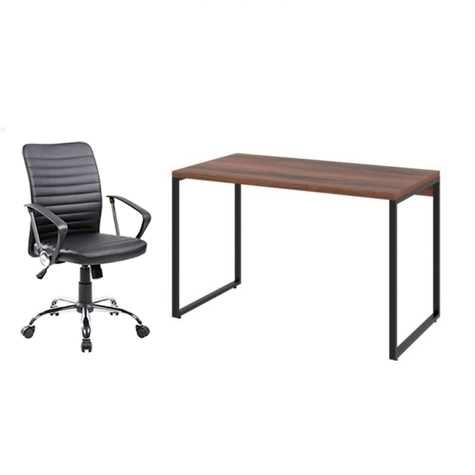 Conjunto de Mesa Kuadra Nogal 120 cm com Cadeira de Escritório Diretor Giratória Oslo Preta Conjunto de Mesa Kuadra Nogal 120 cm com Cadeira de Escritório Diretor Giratória Oslo Preta